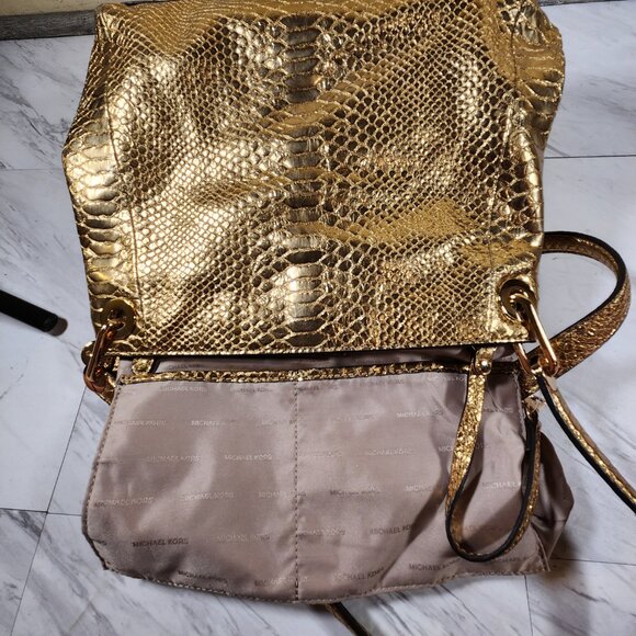 Michael Kors Raven Snakeskin Gold Leather Tote Bag Purse - Picture 12 of 14